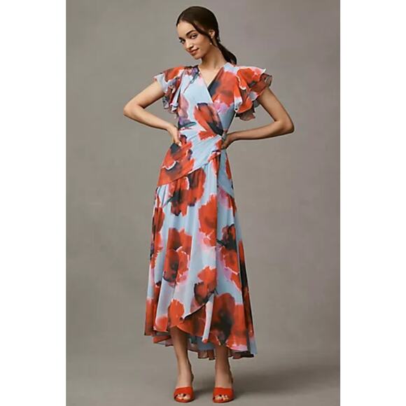Hutch Women's Zola Flutter Sleeve Wrap Maxi Dress Multicolor Size XS Petite NWT - Picture 1 of 12